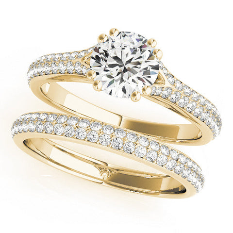 Yellow gold Round Solitaire Pave Split Shank Engagement Ring with Six-Prong Setting
