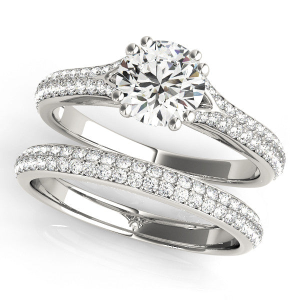 Platinum Round Solitaire Pave Split Shank Engagement Ring with Six-Prong Setting
