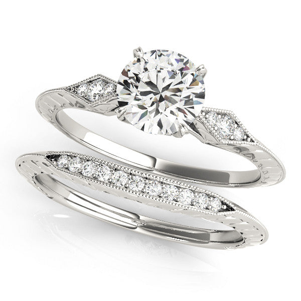 Silver Round Solitaire Diamond Ring with Milgrain Band and Four-Prong Setting