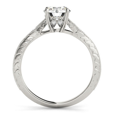White gold Round Solitaire Diamond Ring with Milgrain Band and Four-Prong Setting