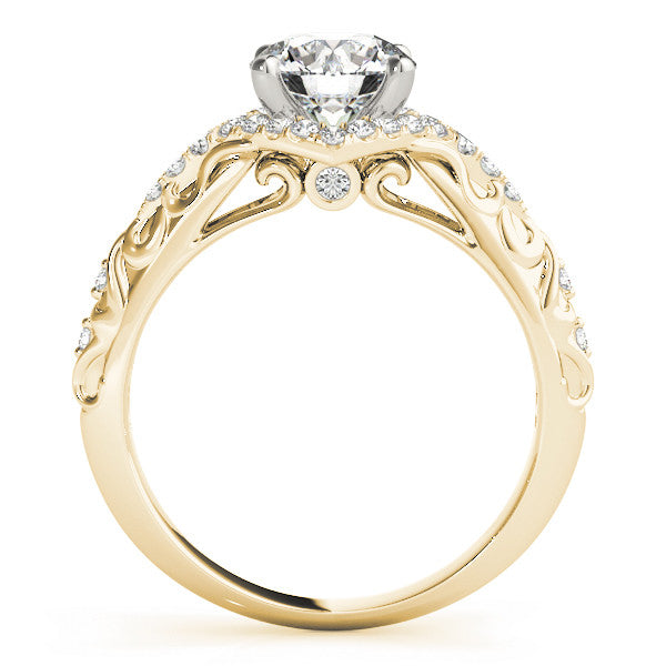 Yellow gold Round Cut Solitaire Diamond Ring with Pave Band and Four-Prong Setting