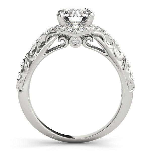 Platinum Round Cut Solitaire Diamond Ring with Pave Band and Four-Prong Setting