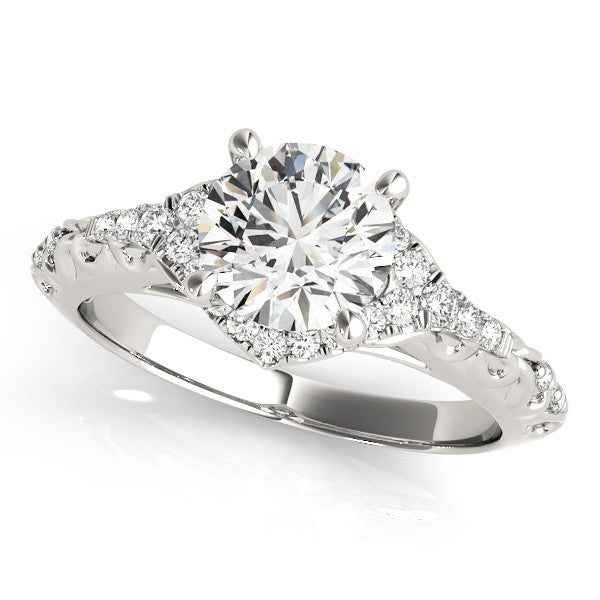 Platinum Round Cut Solitaire Diamond Ring with Pave Band and Four-Prong Setting