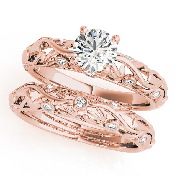 Rose gold Round Solitaire Diamond Leaf Vine Band with Prong Setting