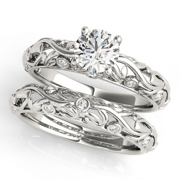 White gold Round Solitaire Diamond Leaf Vine Band with Prong Setting
