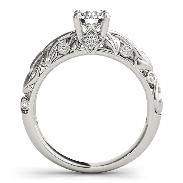 Silver Round Solitaire Diamond Leaf Vine Band with Prong Setting