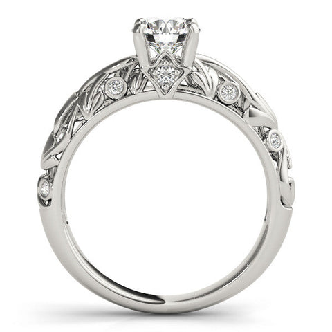 White gold Round Solitaire Diamond Leaf Vine Band with Prong Setting