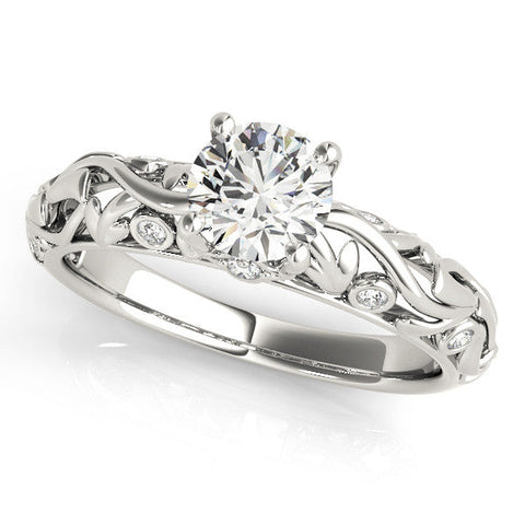 White gold Round Solitaire Diamond Leaf Vine Band with Prong Setting