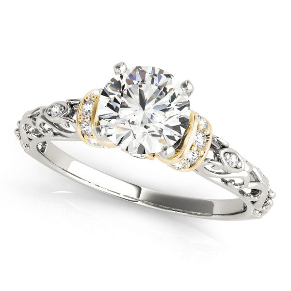 Yellow gold Heart Solitaire Diamond Ring with Filigree Band and Four-Prong Setting
