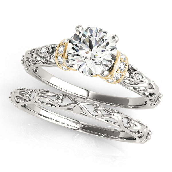Yellow gold Heart Solitaire Diamond Ring with Filigree Band and Four-Prong Setting