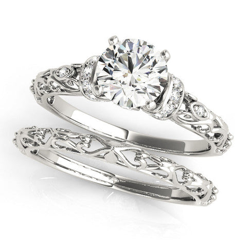 Platinum Heart Solitaire Diamond Ring with Filigree Band and Four-Prong Setting