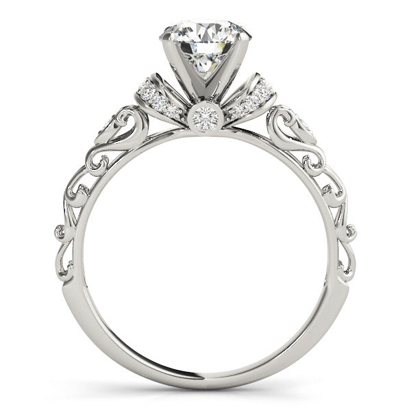 White gold Heart Solitaire Diamond Ring with Filigree Band and Four-Prong Setting