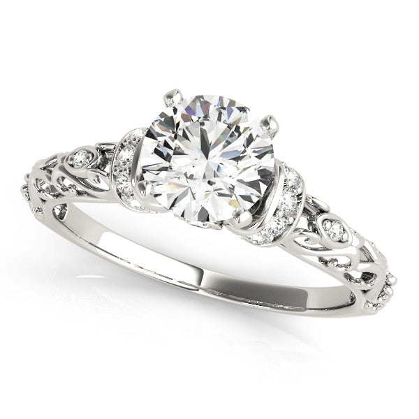 White gold Heart Solitaire Diamond Ring with Filigree Band and Four-Prong Setting