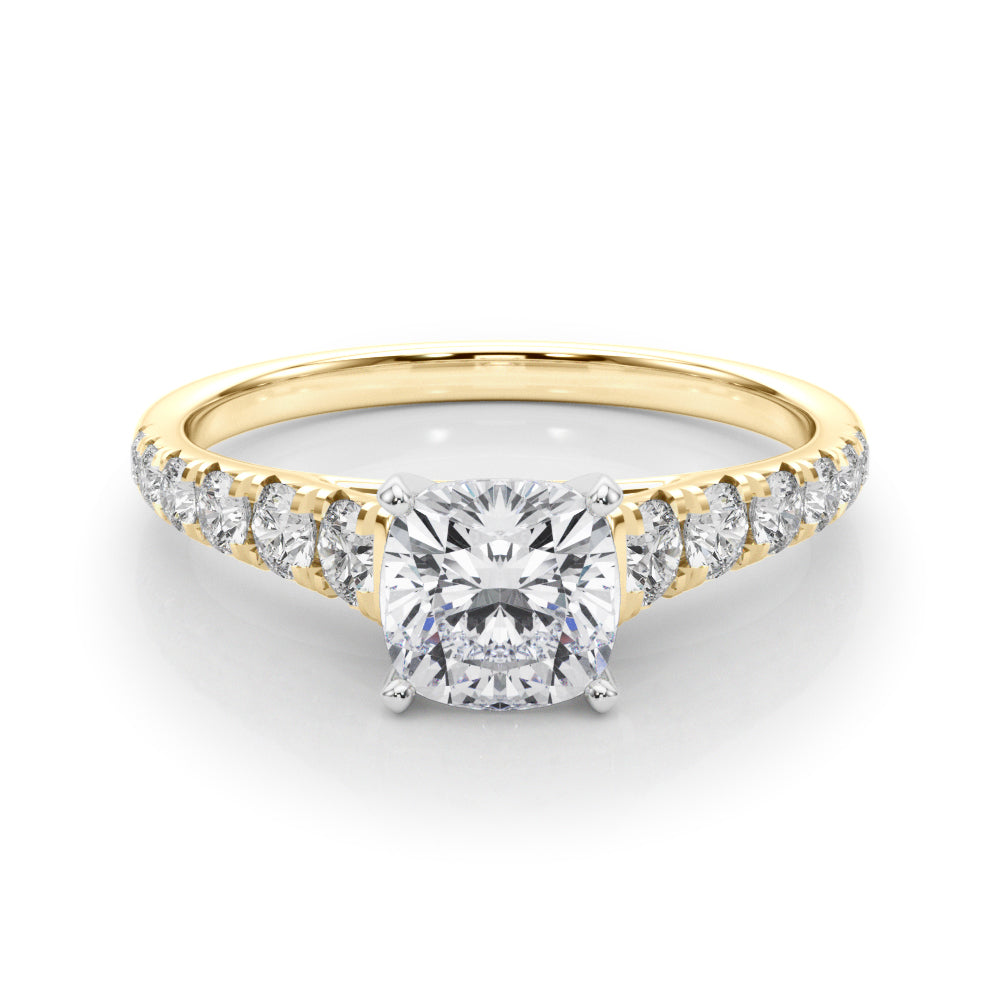 Yellow gold Cushion Cut Diamond Solitaire with Pave Band and Four-Prong Setting