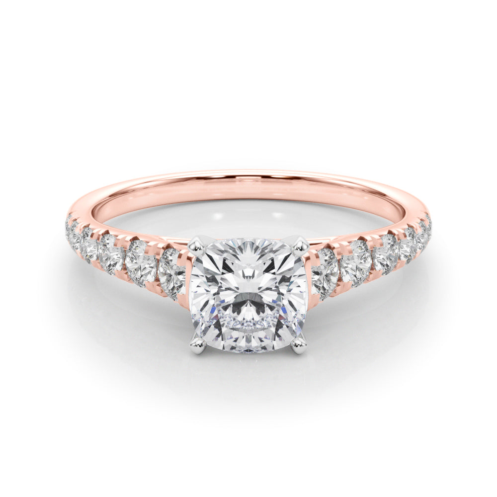 Rose gold Cushion Cut Diamond Solitaire with Pave Band and Four-Prong Setting