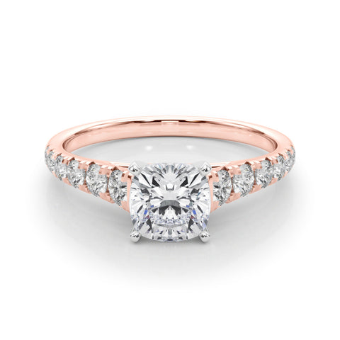 Rose gold Cushion Cut Diamond Solitaire with Pave Band and Four-Prong Setting