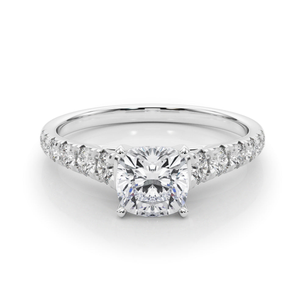White gold Cushion Cut Diamond Solitaire with Pave Band and Four-Prong Setting