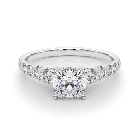 White gold Cushion Cut Diamond Solitaire with Pave Band and Four-Prong Setting