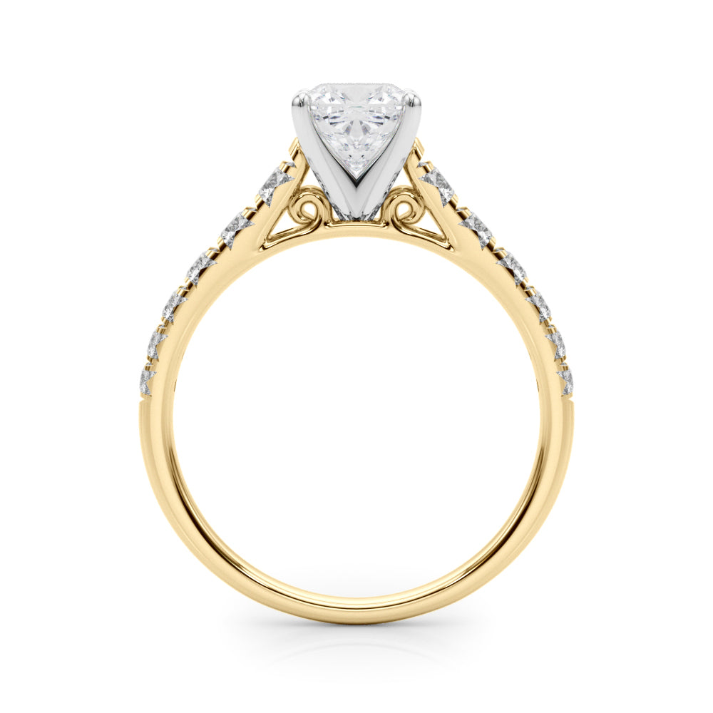 Yellow gold Cushion Cut Diamond Solitaire with Pave Band and Four-Prong Setting