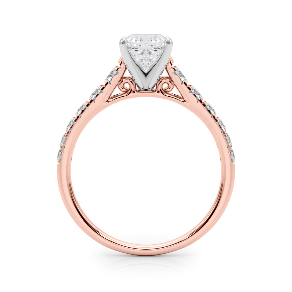 Rose gold Cushion Cut Diamond Solitaire with Pave Band and Four-Prong Setting