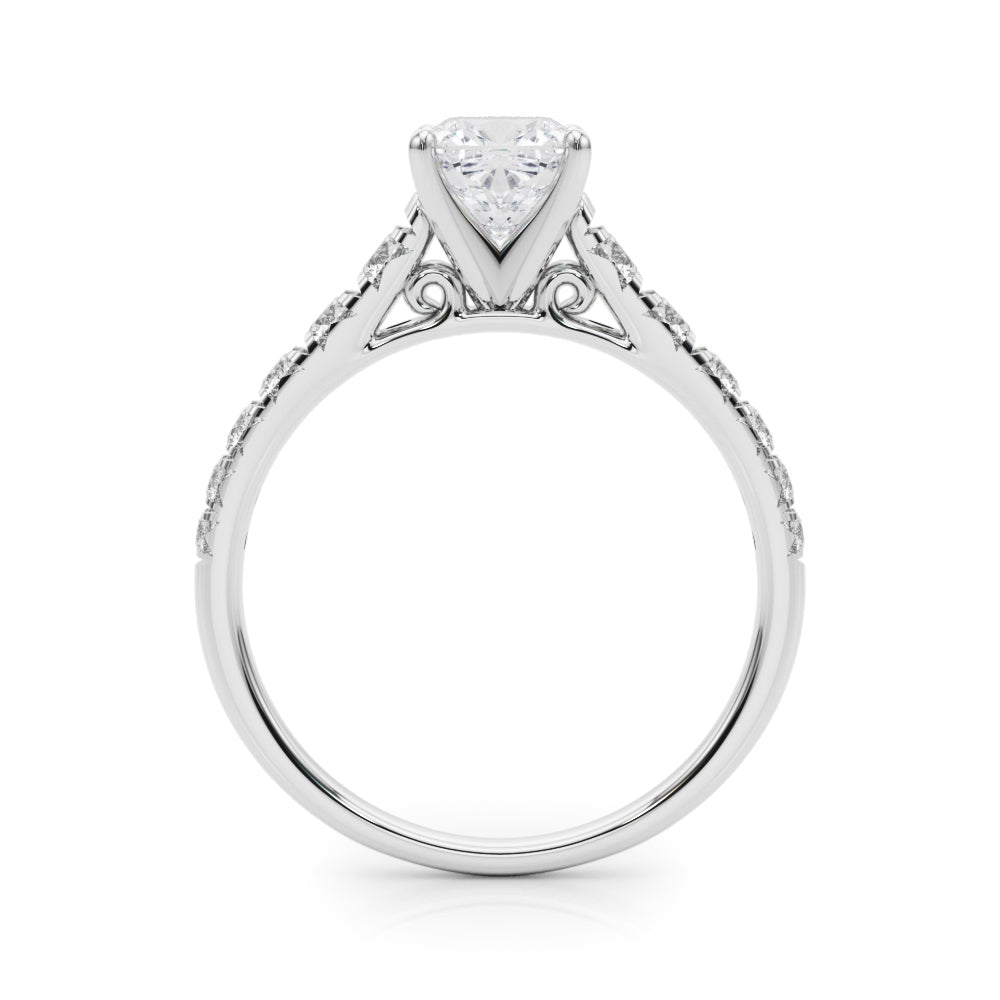 White gold Cushion Cut Diamond Solitaire with Pave Band and Four-Prong Setting