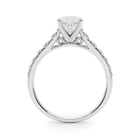 White gold Cushion Cut Diamond Solitaire with Pave Band and Four-Prong Setting
