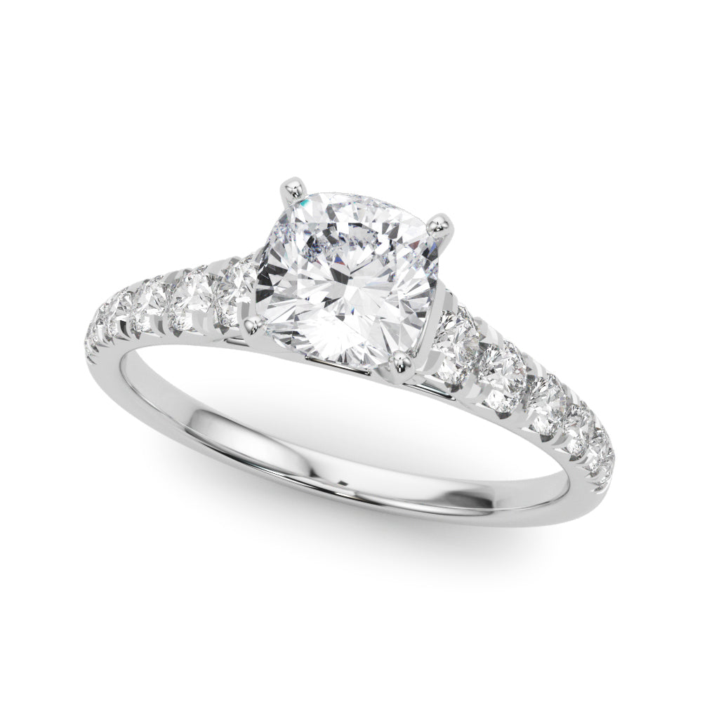 Platinum Cushion Cut Diamond Solitaire with Pave Band and Four-Prong Setting