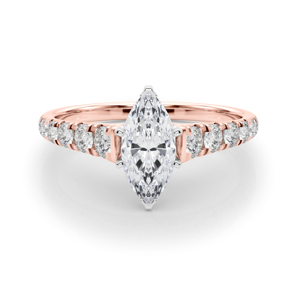 Rose gold Marquise Cut Diamond Solitaire with Pave Band and Four-Prong Setting