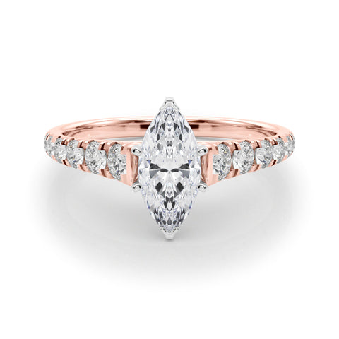 Rose gold Marquise Cut Diamond Solitaire with Pave Band and Four-Prong Setting