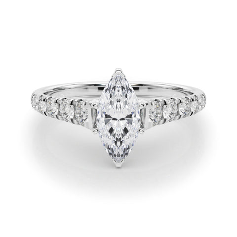 White gold Marquise Cut Diamond Solitaire with Pave Band and Four-Prong Setting