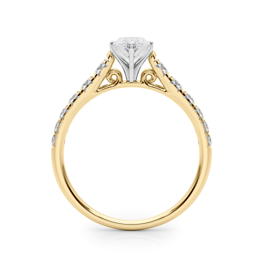 Yellow gold Marquise Cut Diamond Solitaire with Pave Band and Four-Prong Setting