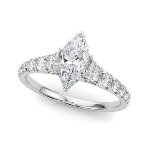 White gold Marquise Cut Diamond Solitaire with Pave Band and Four-Prong Setting