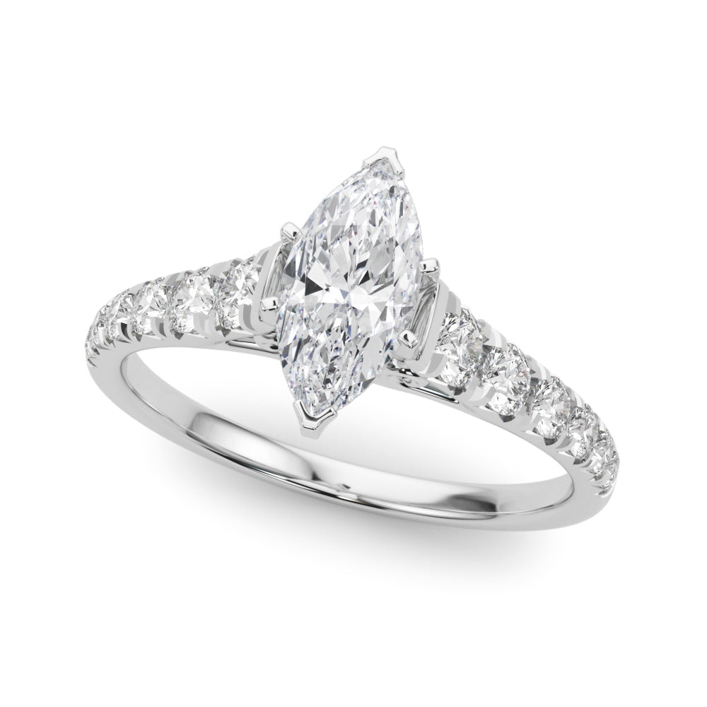 Silver Marquise Cut Diamond Solitaire with Pave Band and Four-Prong Setting