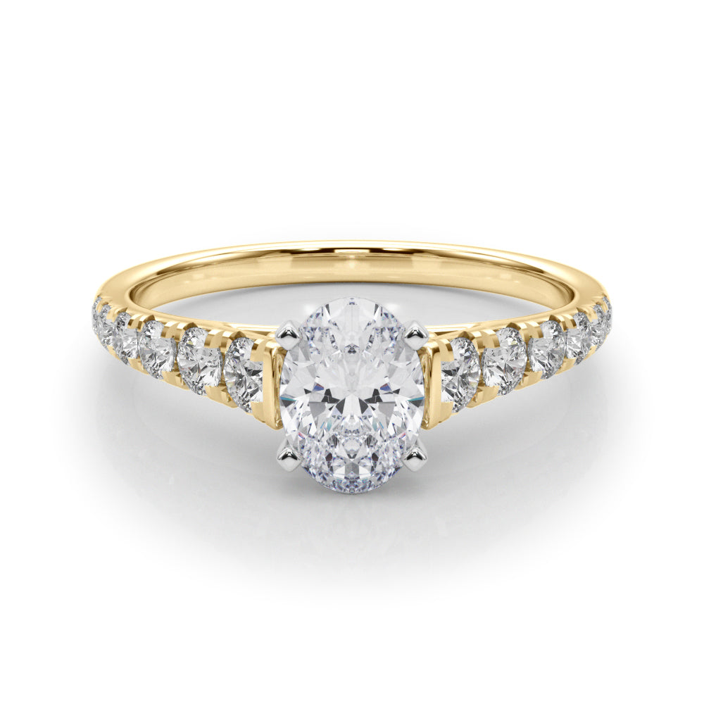 Yellow gold Oval Cut Diamond Solitaire with Pave Band and Four-Prong Setting