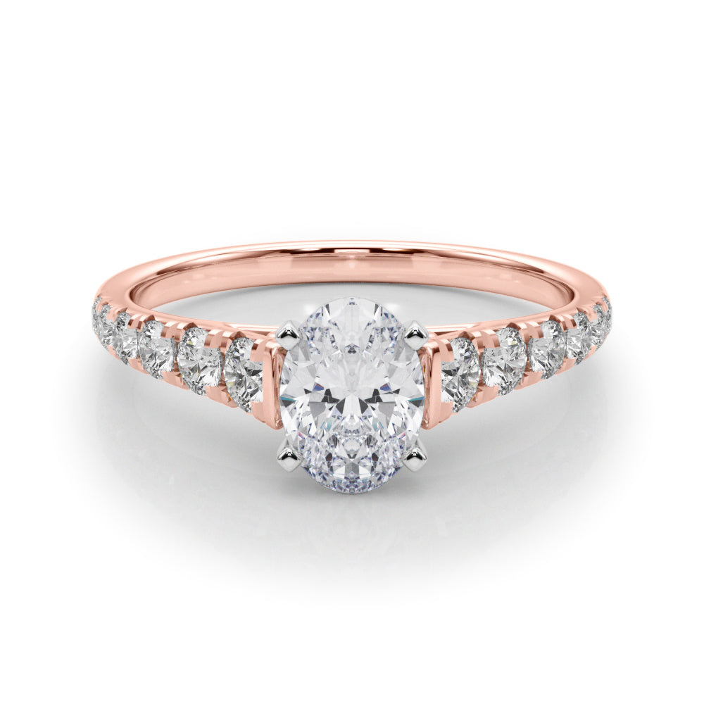 Rose gold Oval Cut Diamond Solitaire with Pave Band and Four-Prong Setting