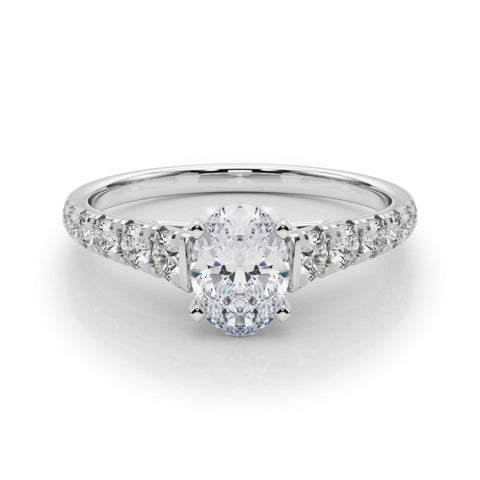 White gold Oval Cut Diamond Solitaire with Pave Band and Four-Prong Setting