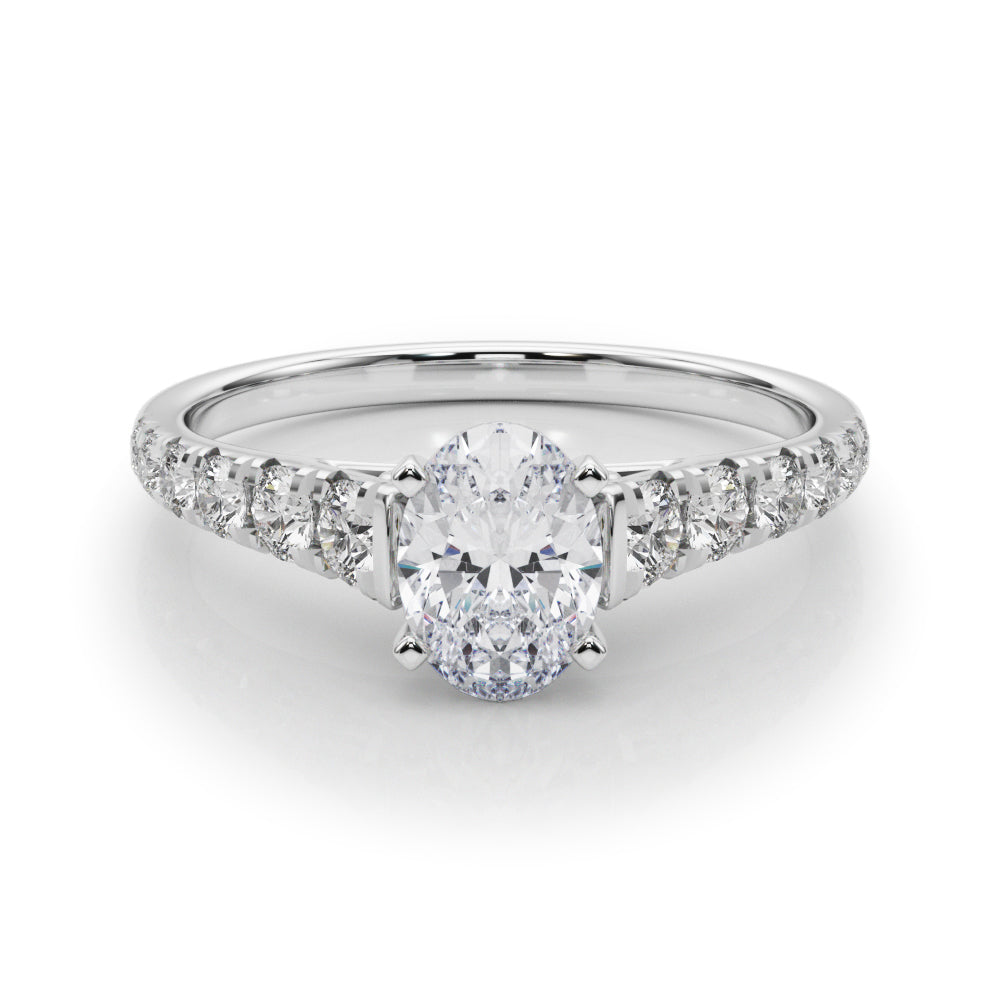 Platinum Oval Cut Diamond Solitaire with Pave Band and Four-Prong Setting