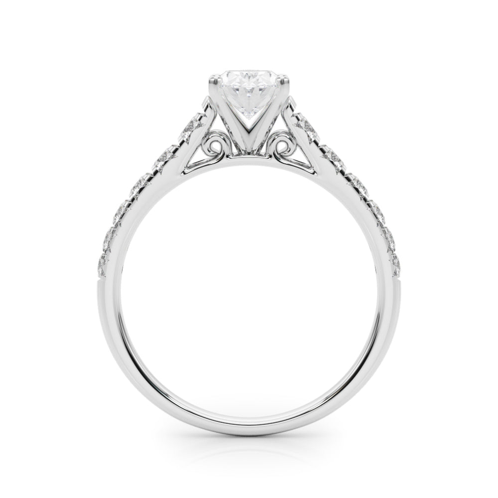 Silver Oval Cut Diamond Solitaire with Pave Band and Four-Prong Setting