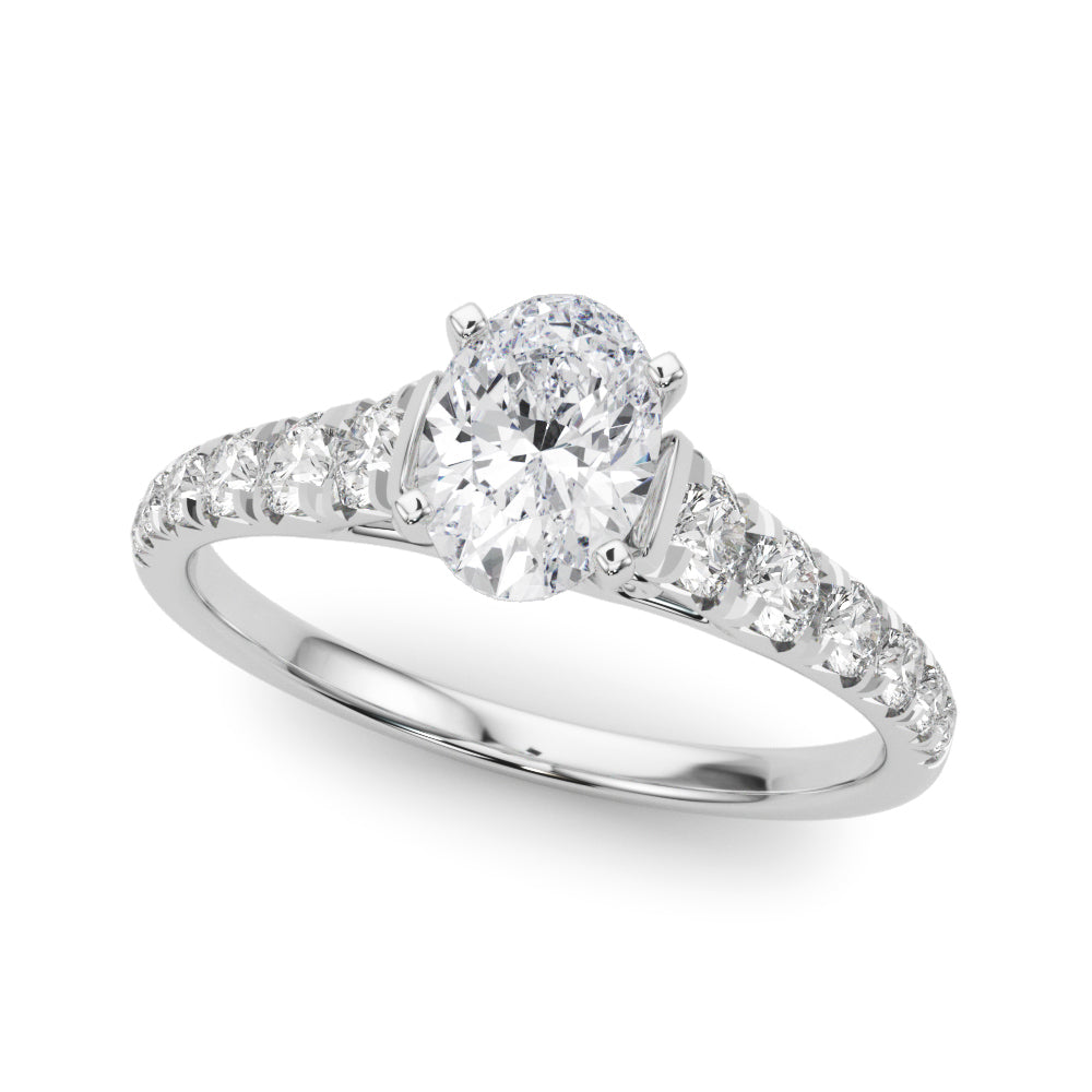 Silver Oval Cut Diamond Solitaire with Pave Band and Four-Prong Setting