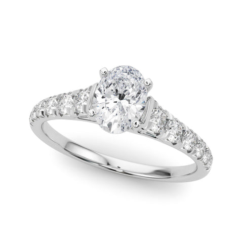 White gold Oval Cut Diamond Solitaire with Pave Band and Four-Prong Setting