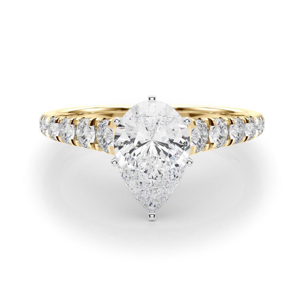 Yellow gold Pear Cut Diamond Solitaire with Pave Band and Four-Prong Setting