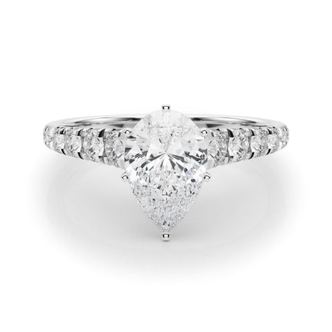 White gold Pear Cut Diamond Solitaire with Pave Band and Four-Prong Setting