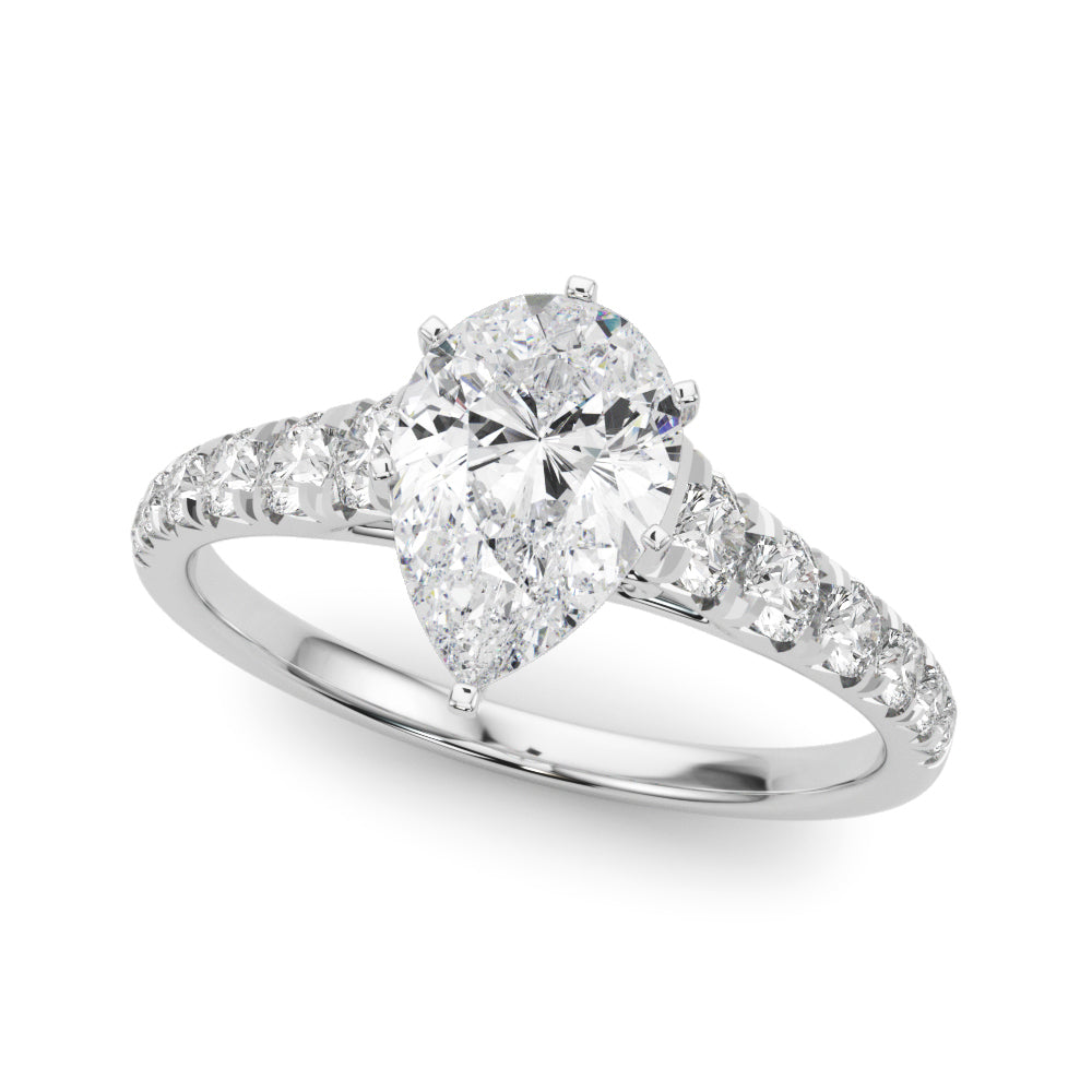 White gold Pear Cut Diamond Solitaire with Pave Band and Four-Prong Setting