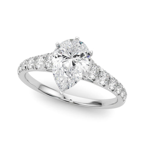 Platinum Pear Cut Diamond Solitaire with Pave Band and Four-Prong Setting