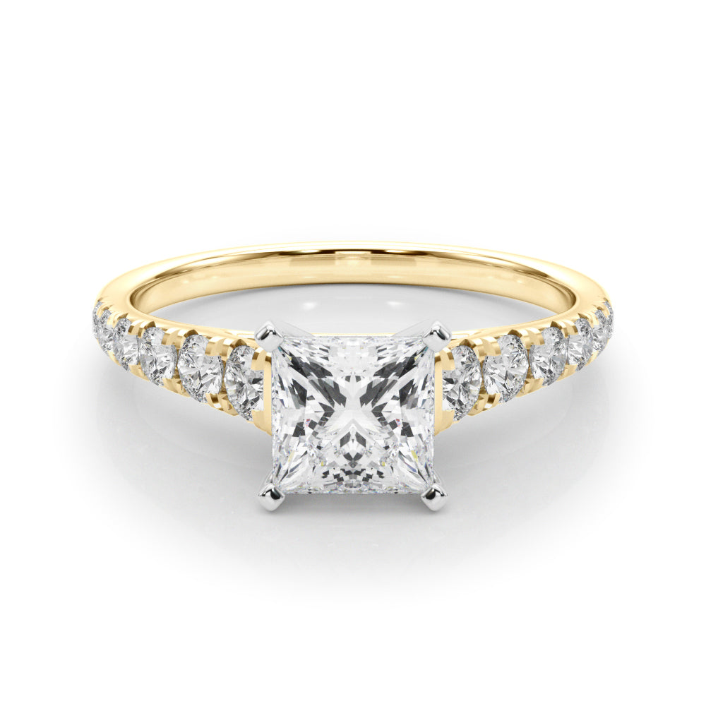 Yellow gold Princess Cut Diamond Solitaire with Pave Band and Four-Prong Setting