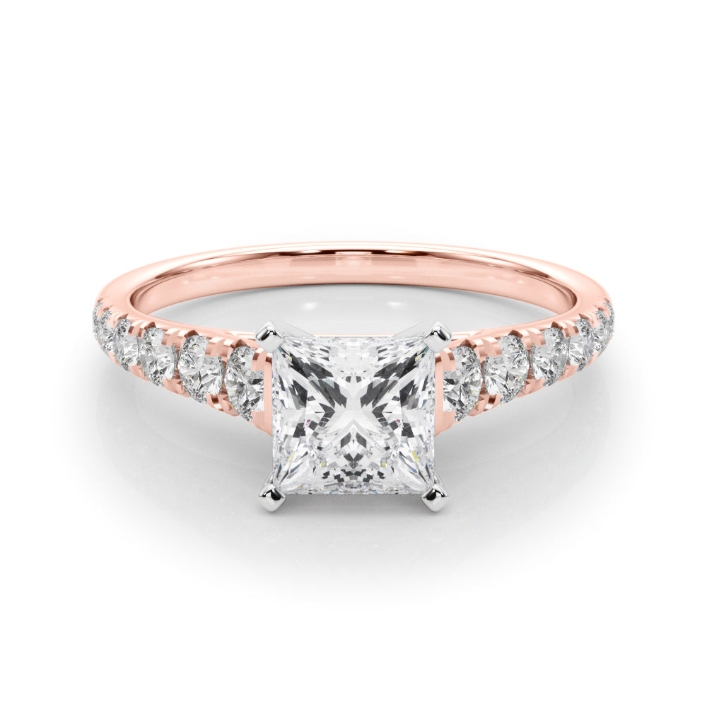 Rose gold Princess Cut Diamond Solitaire with Pave Band and Four-Prong Setting