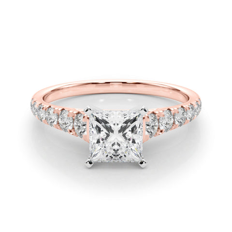 Rose gold Princess Cut Diamond Solitaire with Pave Band and Four-Prong Setting