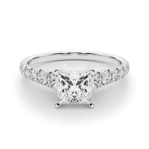 Platinum Princess Cut Diamond Solitaire with Pave Band and Four-Prong Setting