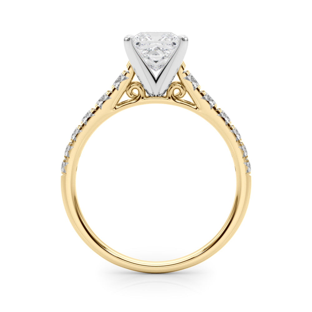 Yellow gold Princess Cut Diamond Solitaire with Pave Band and Four-Prong Setting