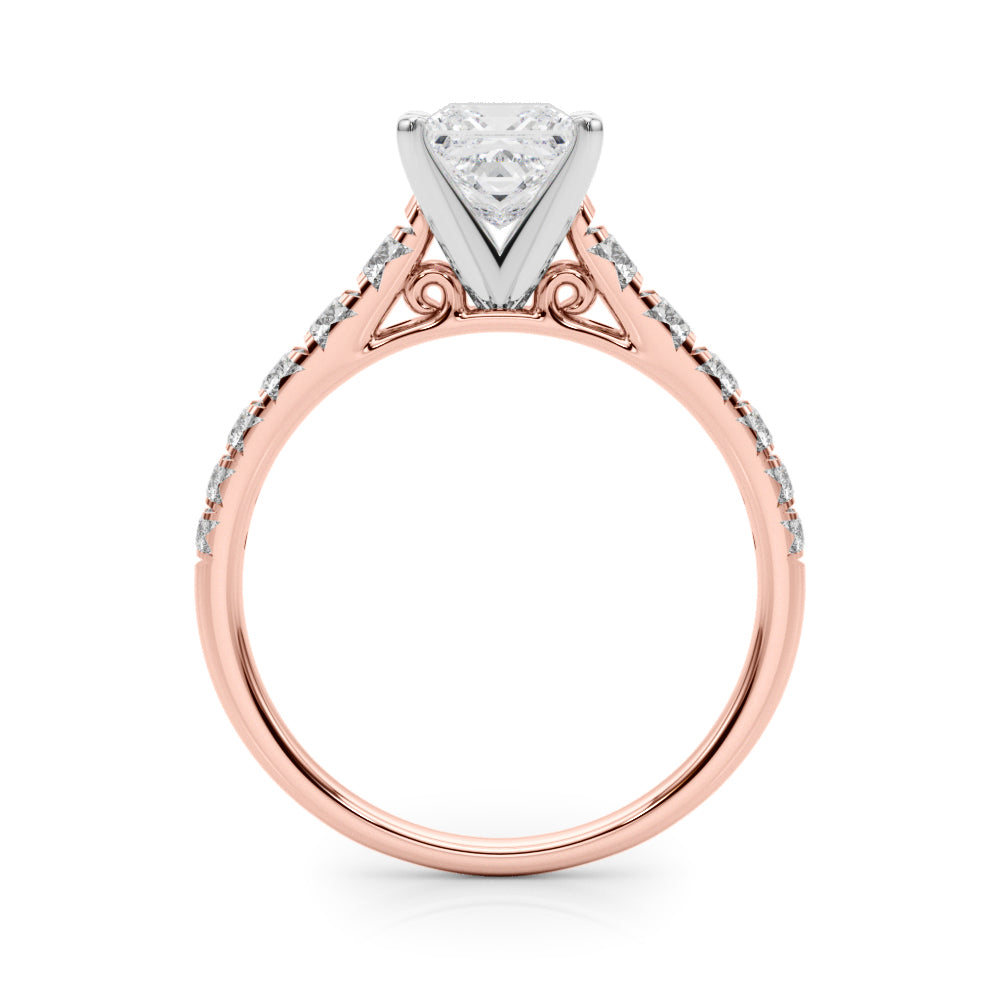 Rose gold Princess Cut Diamond Solitaire with Pave Band and Four-Prong Setting